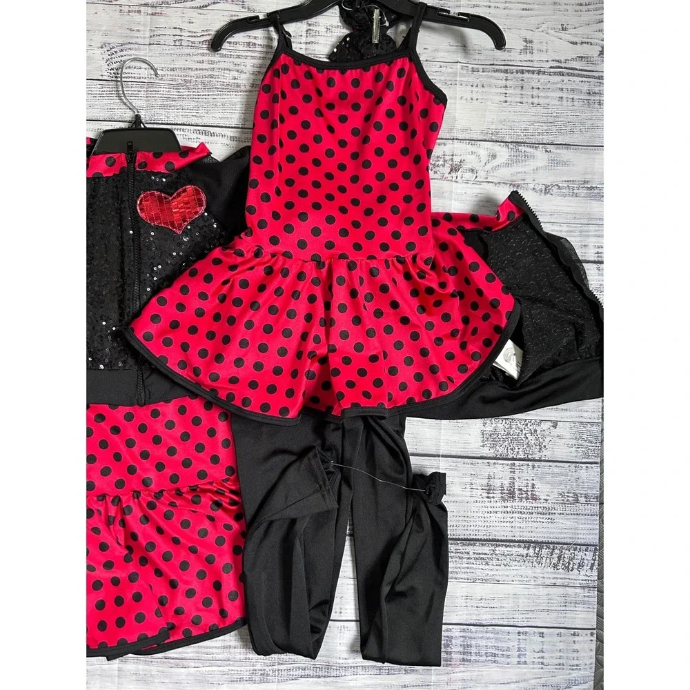 Dance Curtain Call Costume CLA CXL Red Black Polka Dot Sequin Recital H003 2 NEW